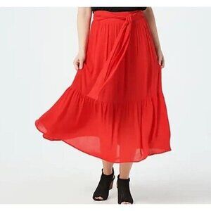 Gibson Look Tiered Belted Midi Skirt Red 2X